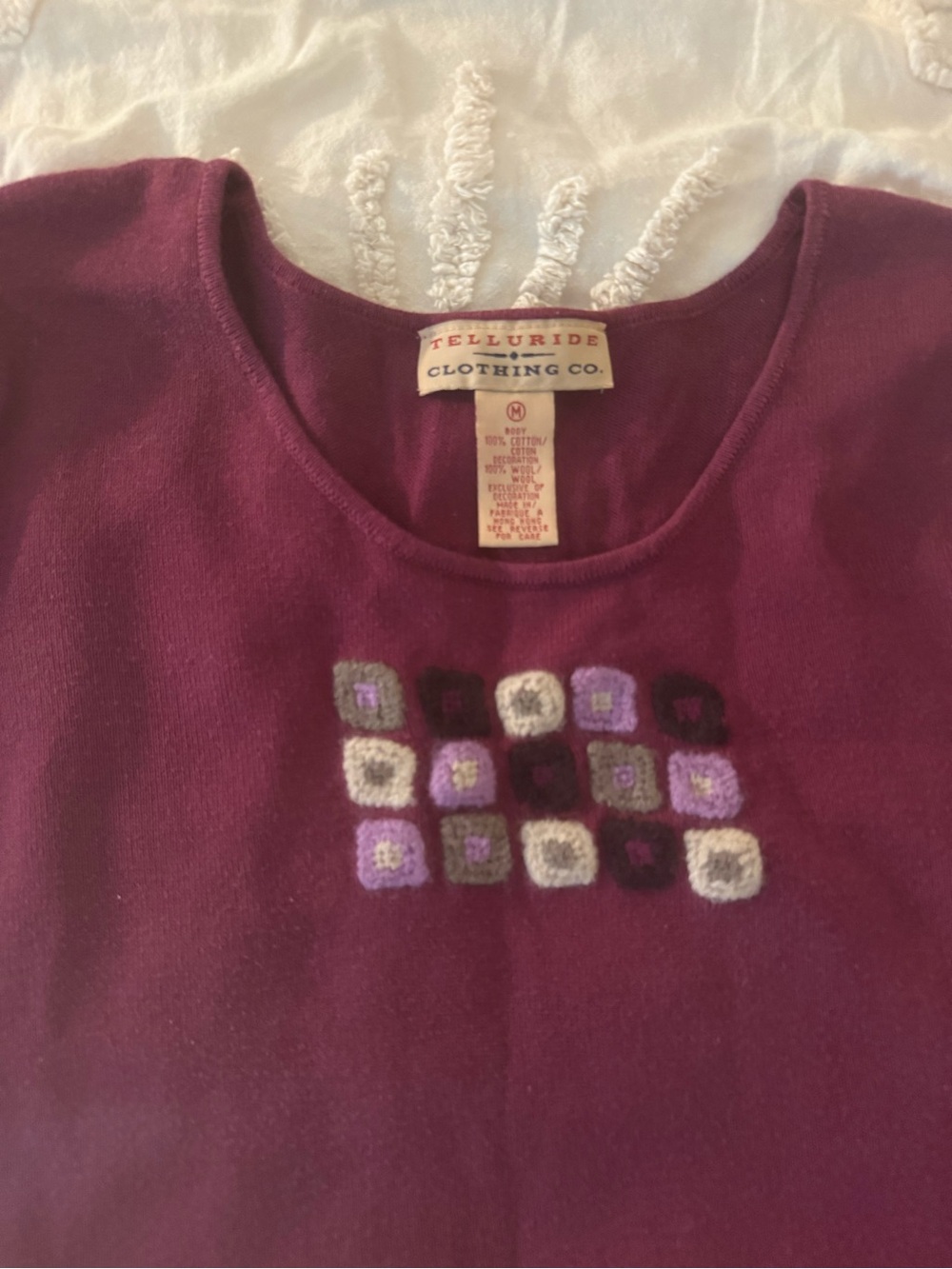Y2K Plum Short Sleeve Top with Embroidered Squares - Picture 3 of 4